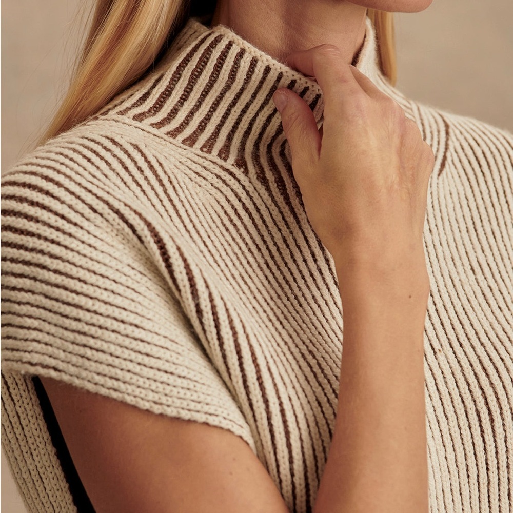 Varley Ribbed Cowl Neck Sweater in Cream and Brown